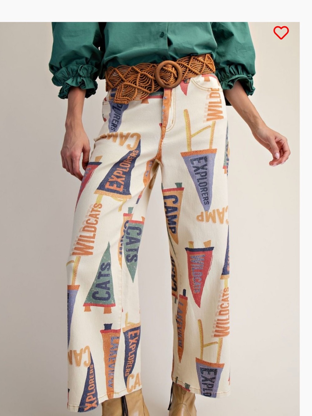 Easel Cream Wide-Leg Jeans with Multicolor Pennant Print